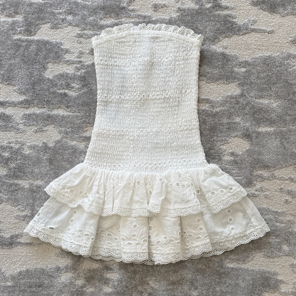 Katie J NYC White Eyelet Smocked Ruffle Dress